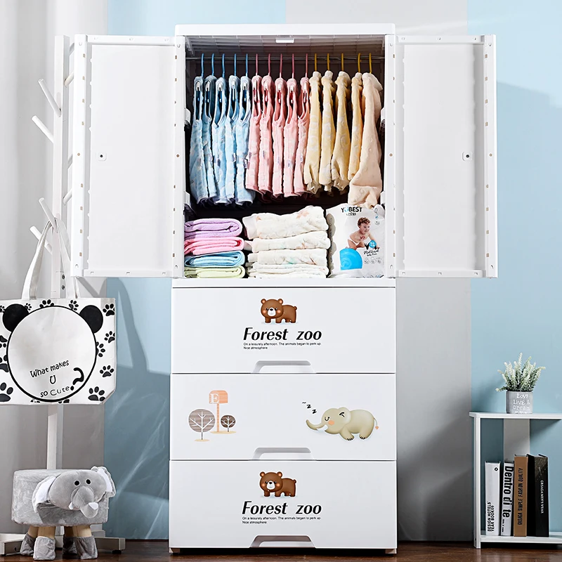 2024 Lower Double Doors (hanging clothes + compartment) Baby Clothing Wardrobe Cabinets Plastic Drawer Organizer Furniture