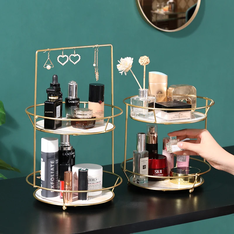 Metal Crafts,Cosmetic Storage Rack,Double-layer Serving Trays Jewelry Tray Storage Rack With Handle