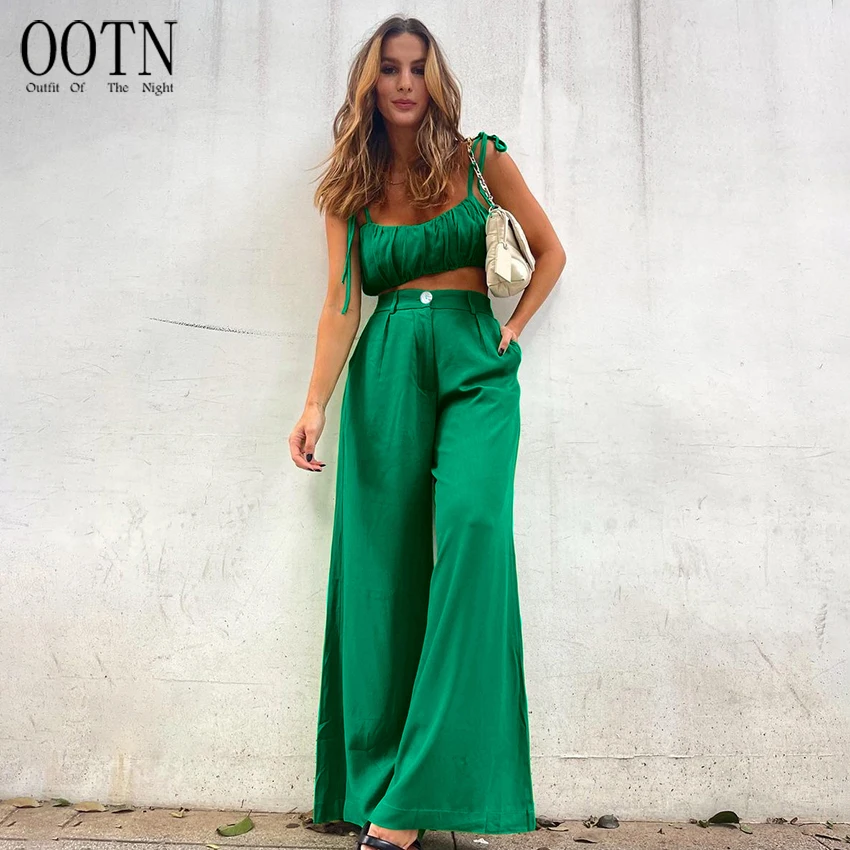 OOTN Summer Lace-Up Sexy Crop Top High Waist Long Pants Suit 2023 Cotton Flare Pants Set wholesale 2 piece set women clothes