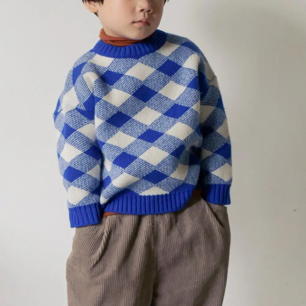 DE MARVI Kids Toddler Boys Girls Casual Knitted Sweater Checked Pattern Pullover Winter Clothing MADE IN KOREA