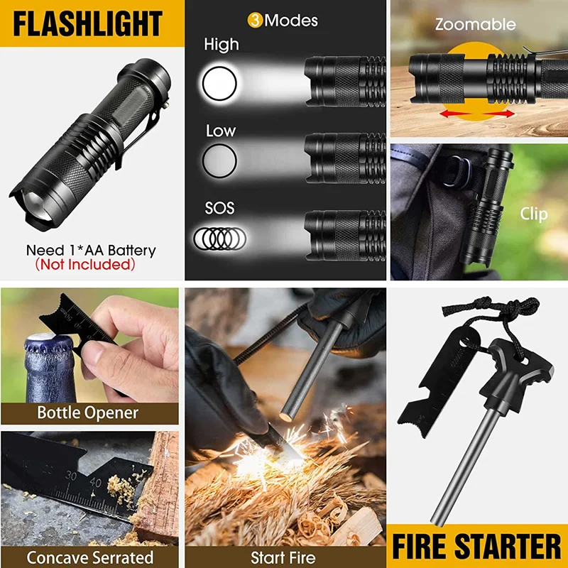 Professional Outdoor Survival Car Emergency Camping Sos Tool Set Kit With Fire Starter Compass And Survival Key