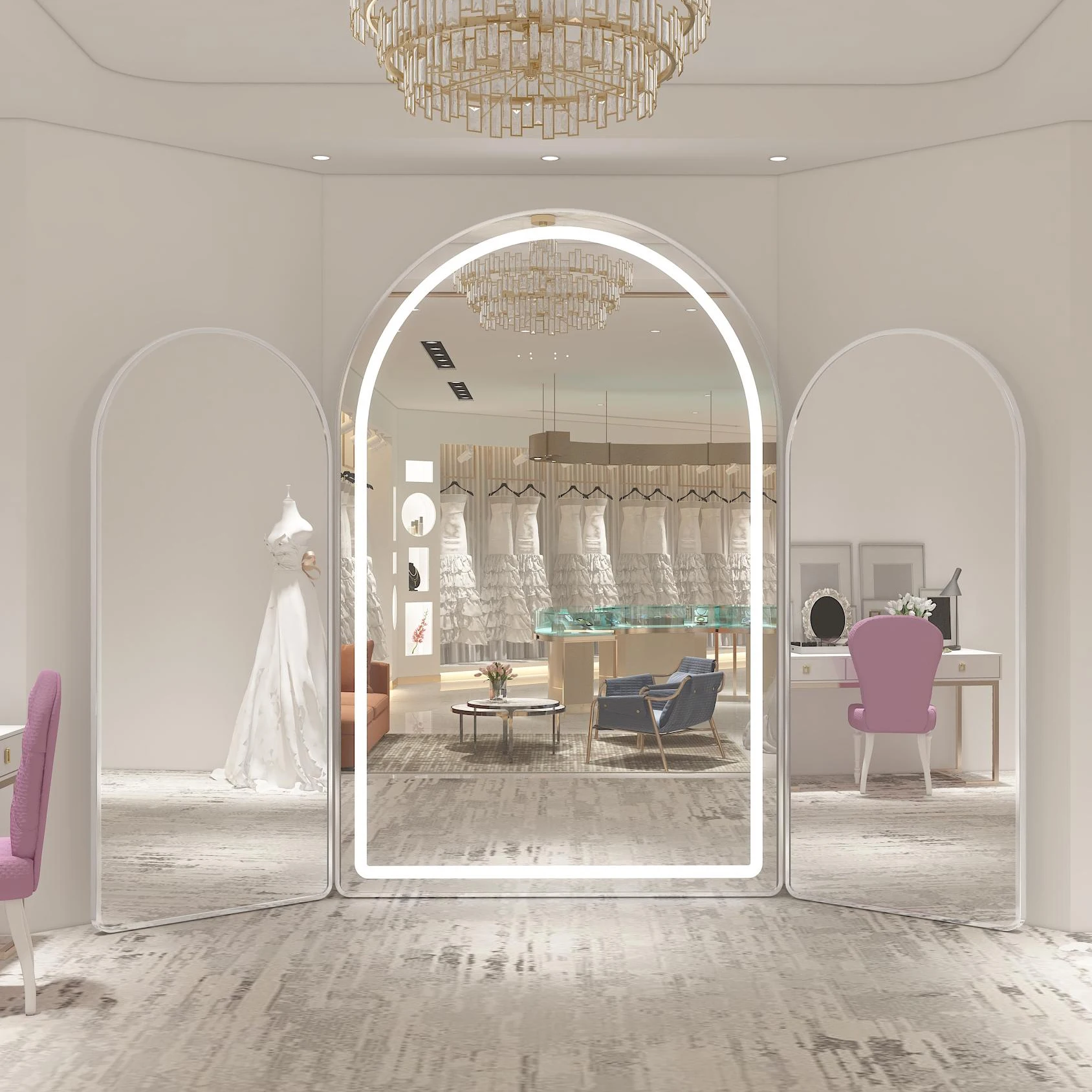 Custom Large Arched Three-fold Mirror Wedding Dress Fitting Standing Mirror Aluminum Frame Full-Length Floor Mirror for Shop