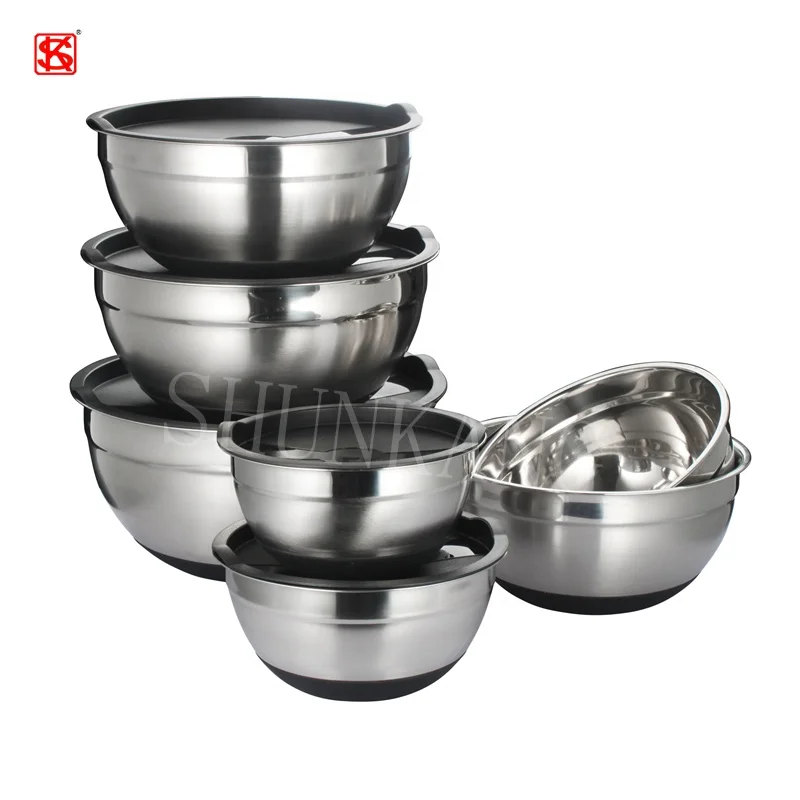 High Quality Salad Cutter Bowl Stainless Steel Mixing Bowls 5 Piece Set With Airtight Black Lids And Silicone Bottom