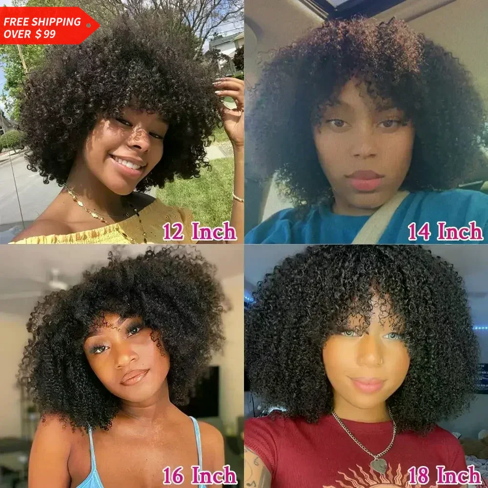 Afro Kinky Curly Brazilian Remy Human Hair Wigs with Bangs 200% Density Full Machine Made Short Wigs