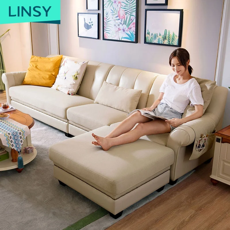Linsy коричневый и бежевый тканевый диван европейский стиль Итальянский роскошный кожаный для гостиной L-образный секционный 2089