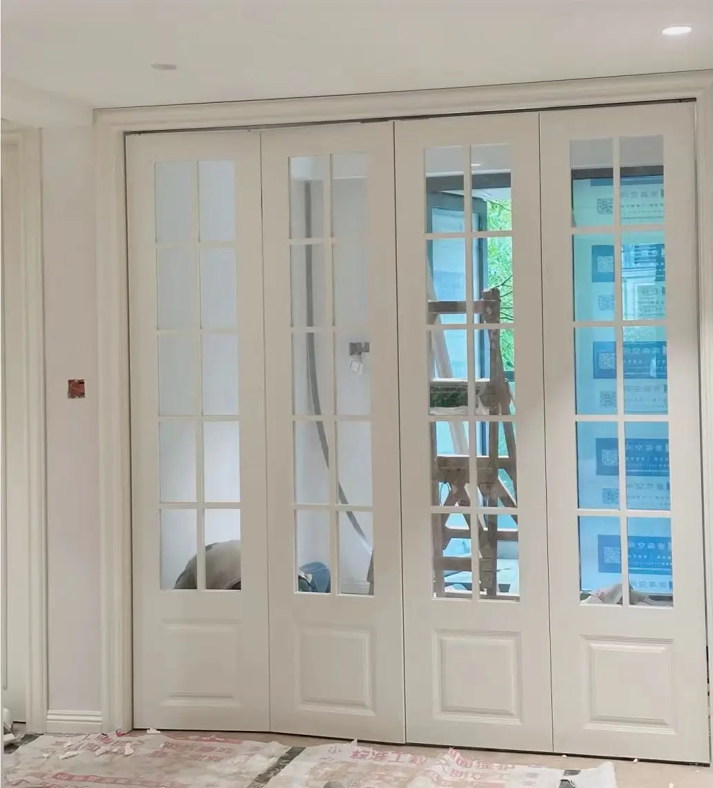 French style folding up door solid wood/MDF/PVC painted bi-fold glass door with decoration grill for living laundry kitchen room