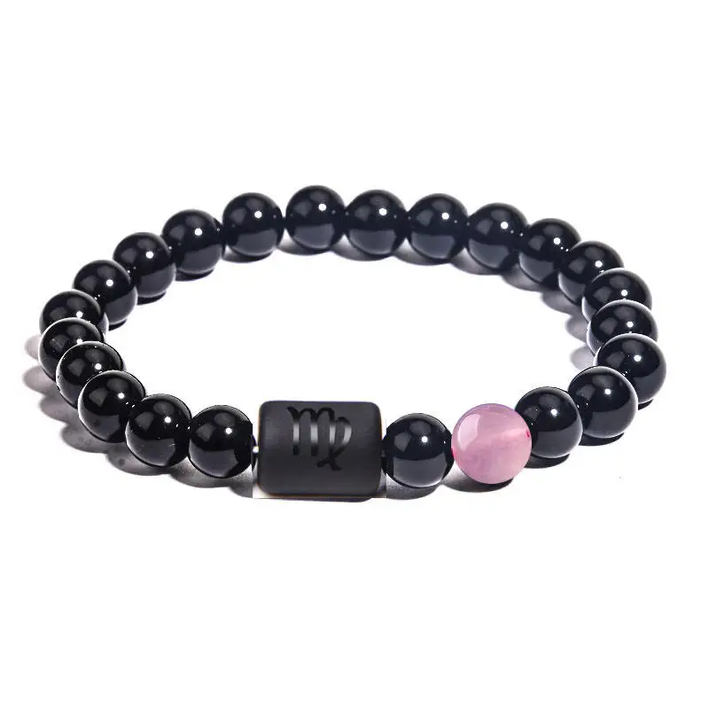 8mm Gem Bracelets 12 Star Sign Constellations Horoscope Lucky Beaded Bracelet Natural Crystal Stone Black Onyx Stone Bracelet