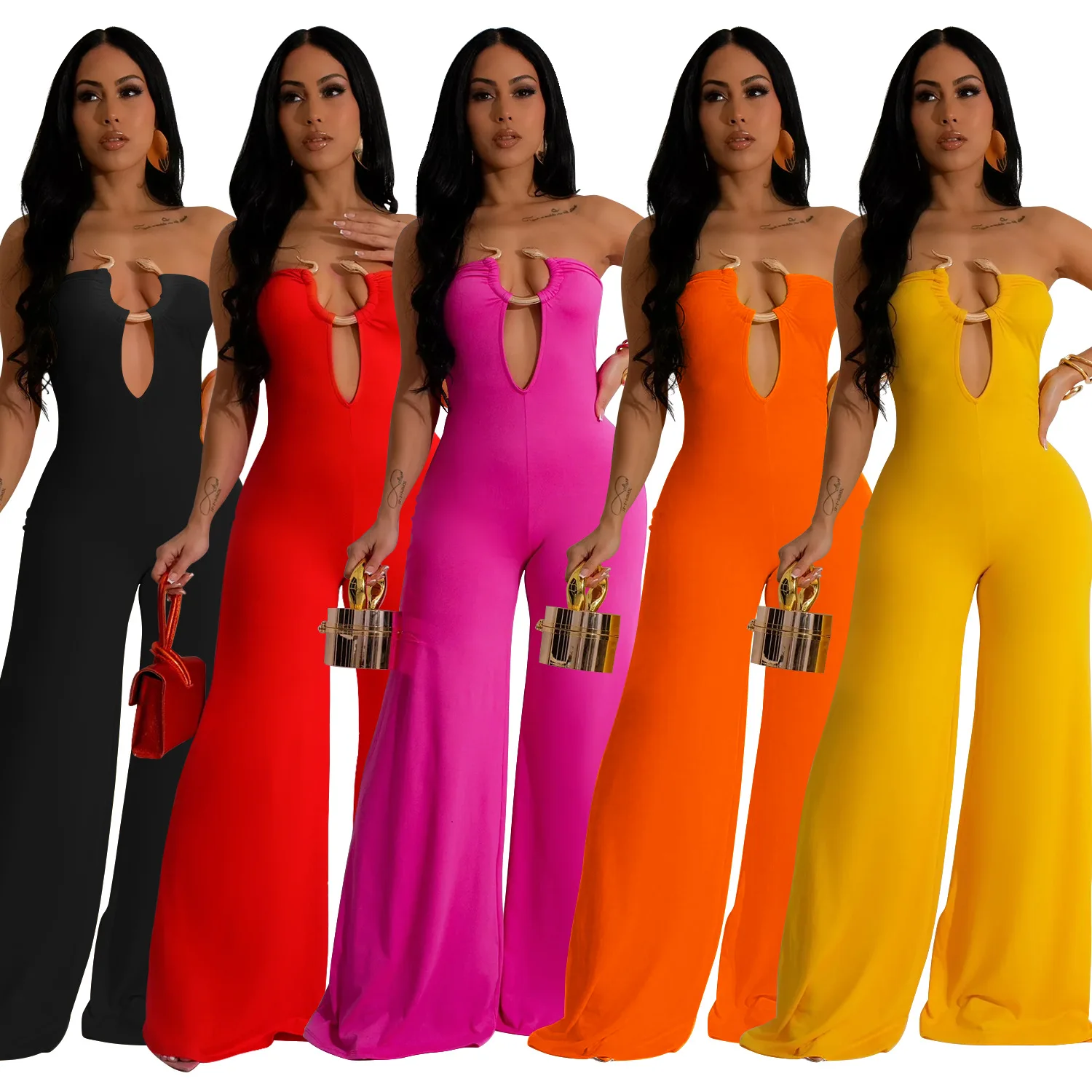 2025 New Arrival Elegant Loose wide leg jumpsuit full length Strapless Jumpsuit Party Snake Pattern Jumpsuit For Ladies