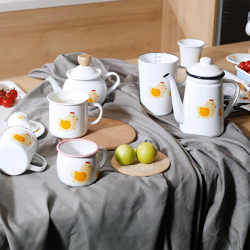 A tea sets is one teapot and four mugs enamel tea and coffee sets