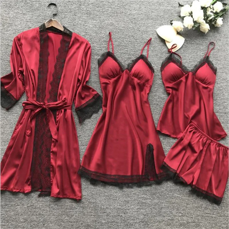 Wholesale Women Sexy 4 Piece Pajamas Set Silk Satin Nightgowns Ladies Elegant Lounge Wear Lace Robe Set Silk Pyjamas With Chest
