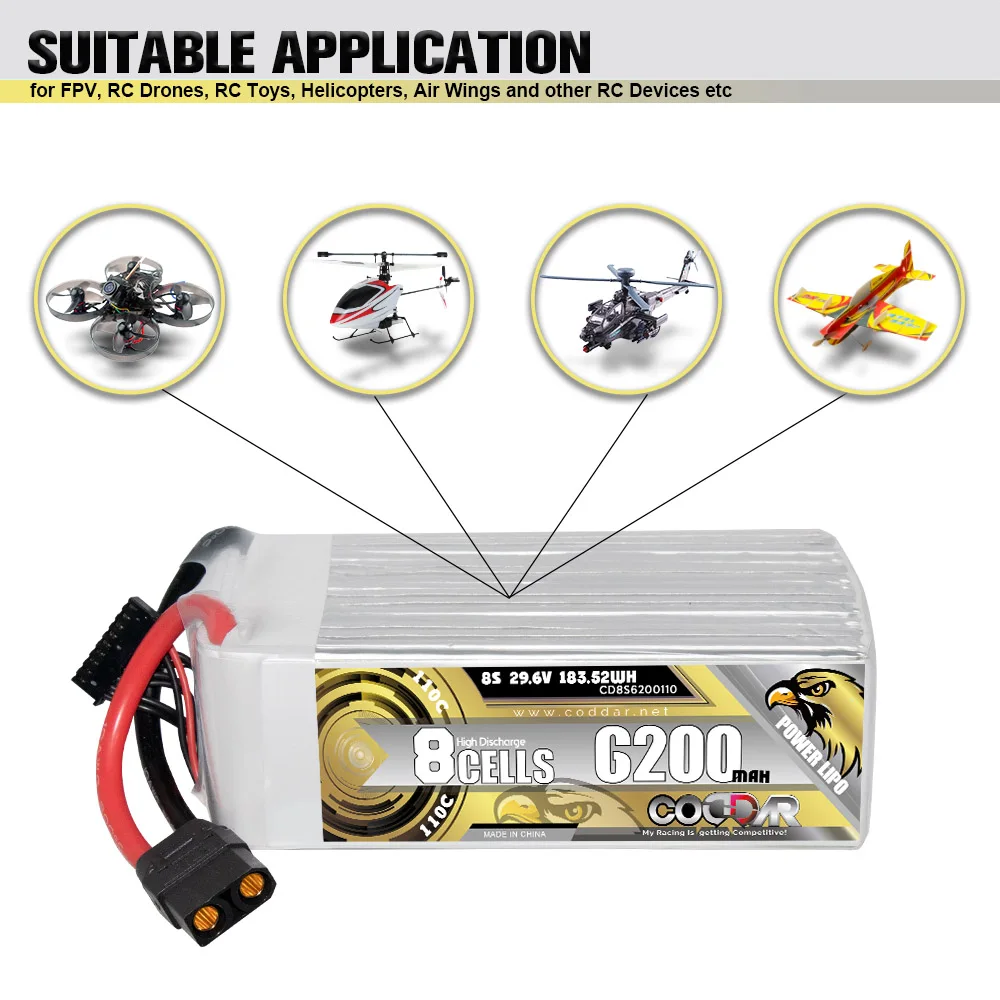CODDAR RC LiPo Battery 8S 6200MAH 29.6V 110C Helicopter Aerial Photography Model Aerobatic Flight AeroPlane Quad RC Car Boat
