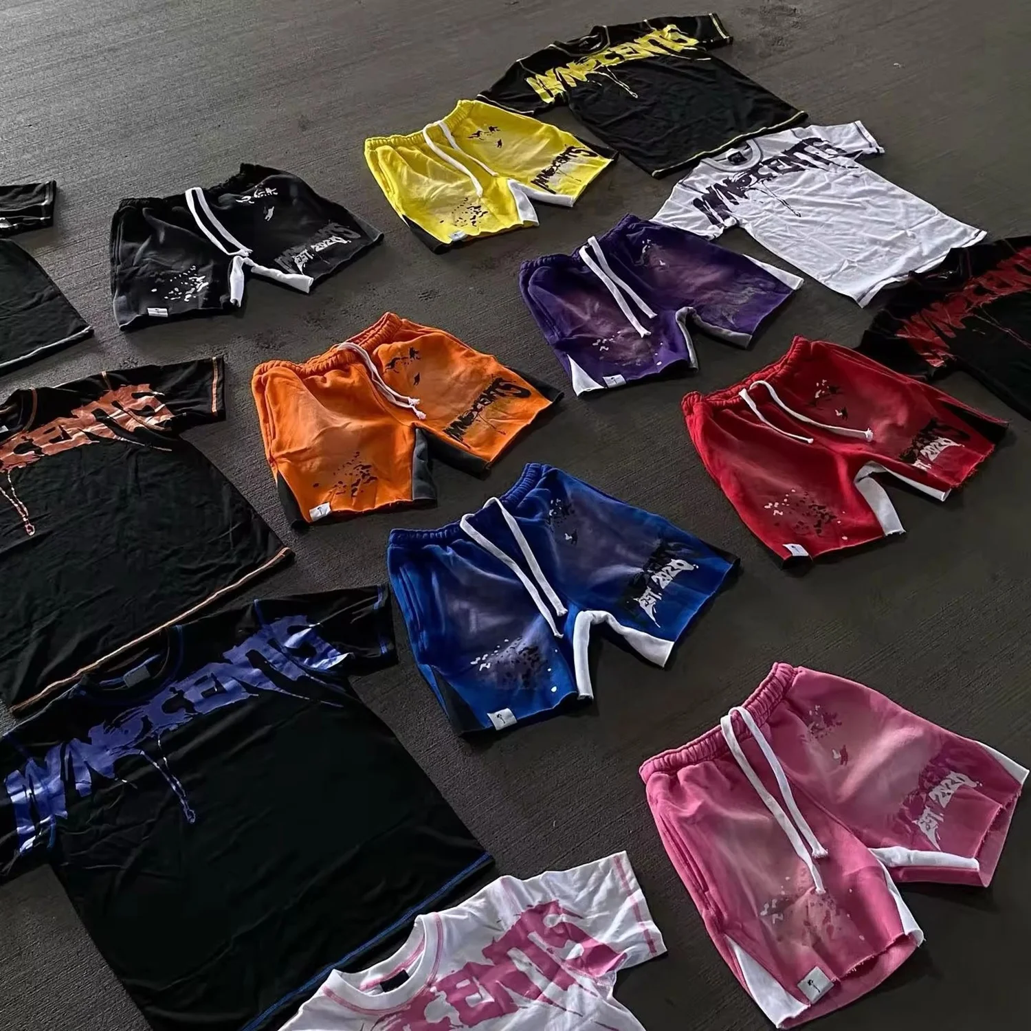 Rainbow Spray Custom Logo Design Two Piece Mens Summer Suit 2 Piece Acid Wash Shorts and T Shirt Set for Men Clothing