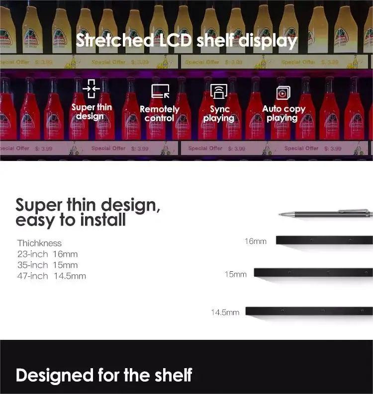 19/21/24/28//29/36/43/48/ inch lcd screen stretched bar shelf display/edge display/wide lcd panel digit signag display