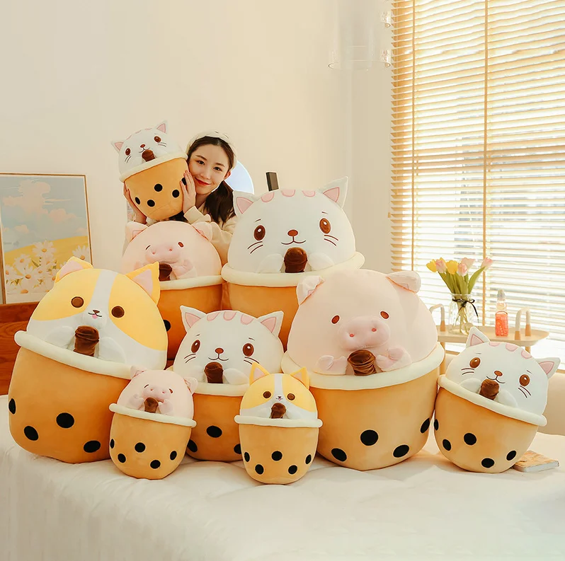 Bubble Tea Pig Cat Plush Toy Soft Cute Dog Children Gift Rag Doll Multi-size Creative Throw Pillows Popular Fashion Plush Toys