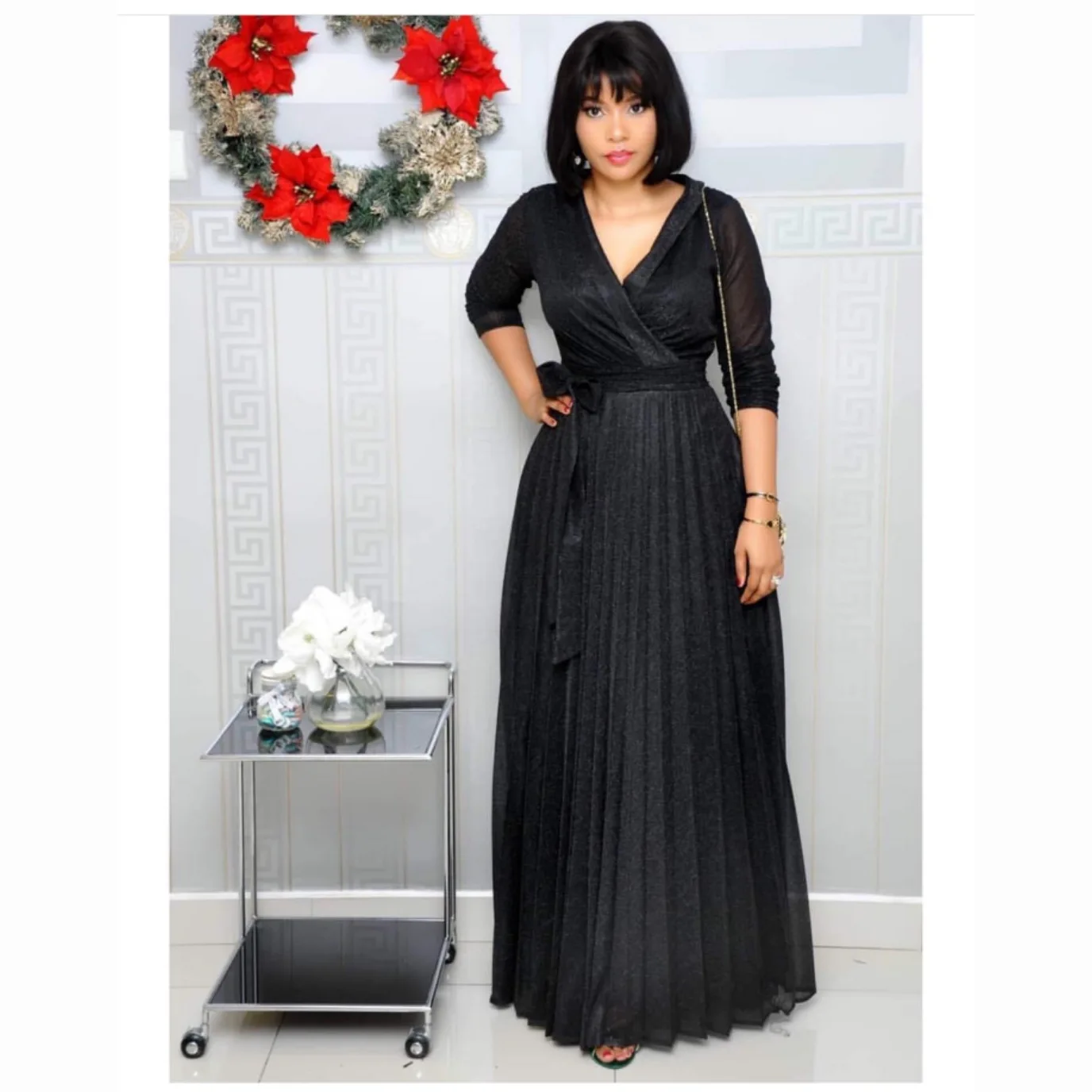 LB063 popular girls sexy deep v-neck big swing pleated high waist maxi dress ladies vintage official a-line dresses with belt