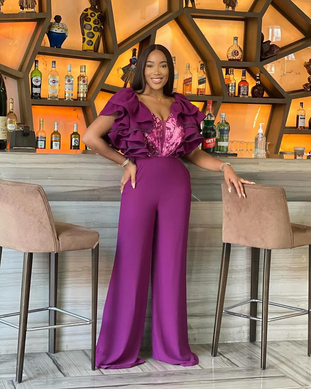 Liu Ming Spring Summer 2024 New Design V Neck Sleeveless Ruffles Casual Loose Wide Leg Rompers Jumpsuits For Women