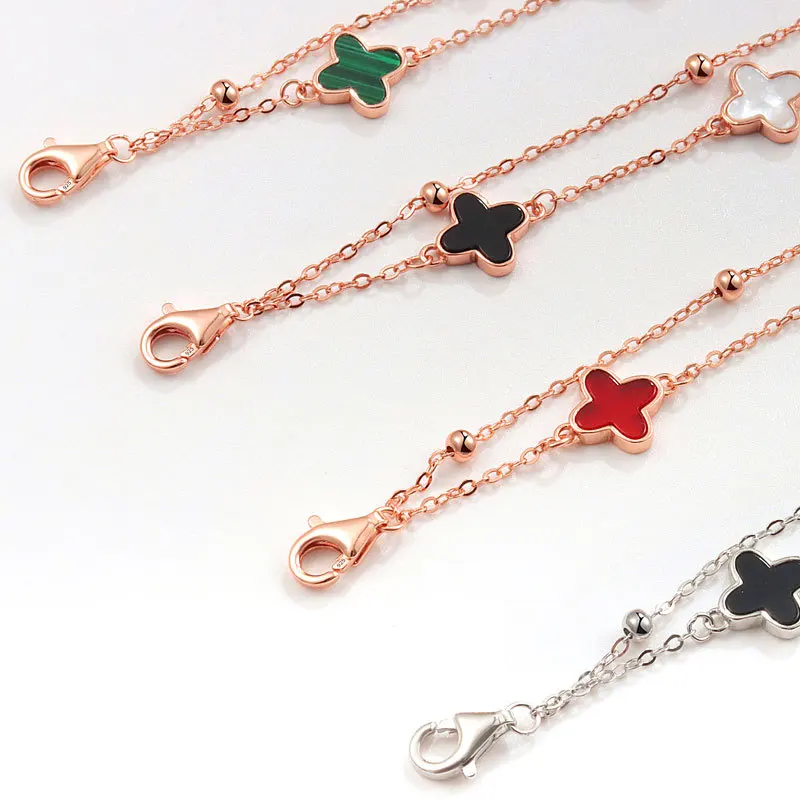 Custom 4 leaf clover pork belly S925 sterling silver Korean style agate double rose gold bracelet for girlfriends hand jewelry