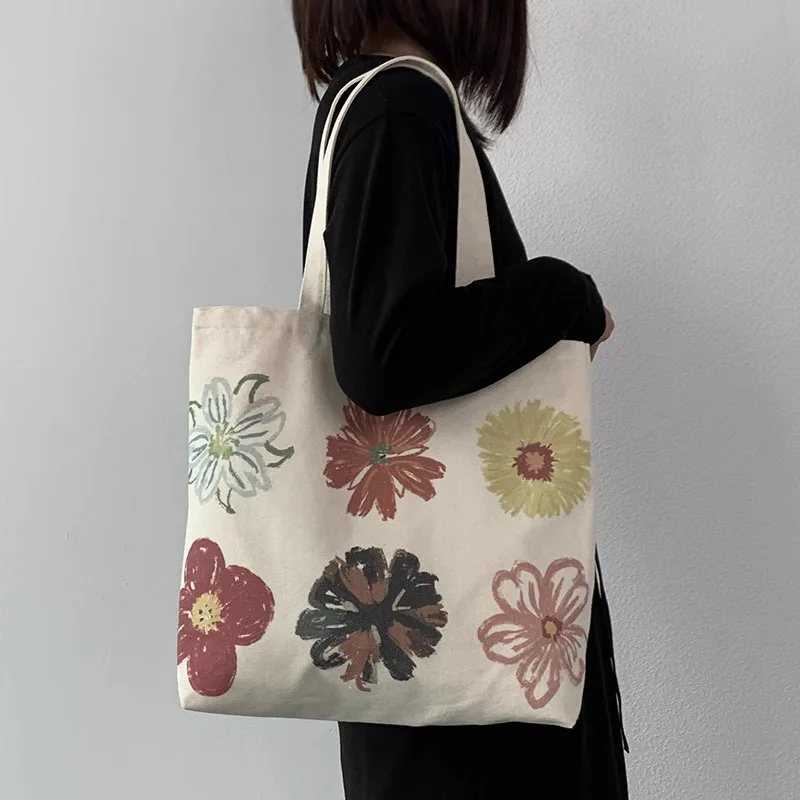 High quality Customise print flower shopping bag school designer floral pattern fabric cotton canvas custom tote bag for women