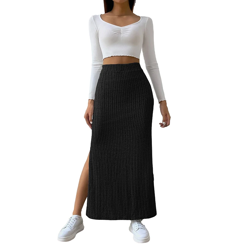 Custom OEM high quality Womens dress Autumn winter fashion casual simple  pit-striped A-line high-waisted split long skirt