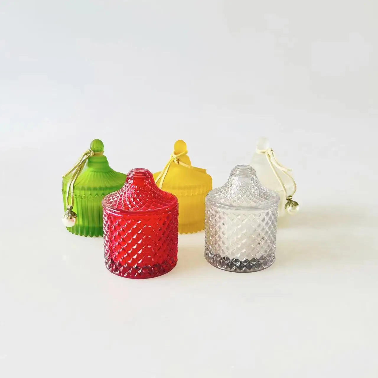 Glass candy jars with lid candle vessels wedding decoration Geo cut glass candle jar