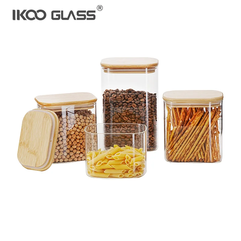 IKOO custom design glass food storage jar custom with bamboo wooden lid
