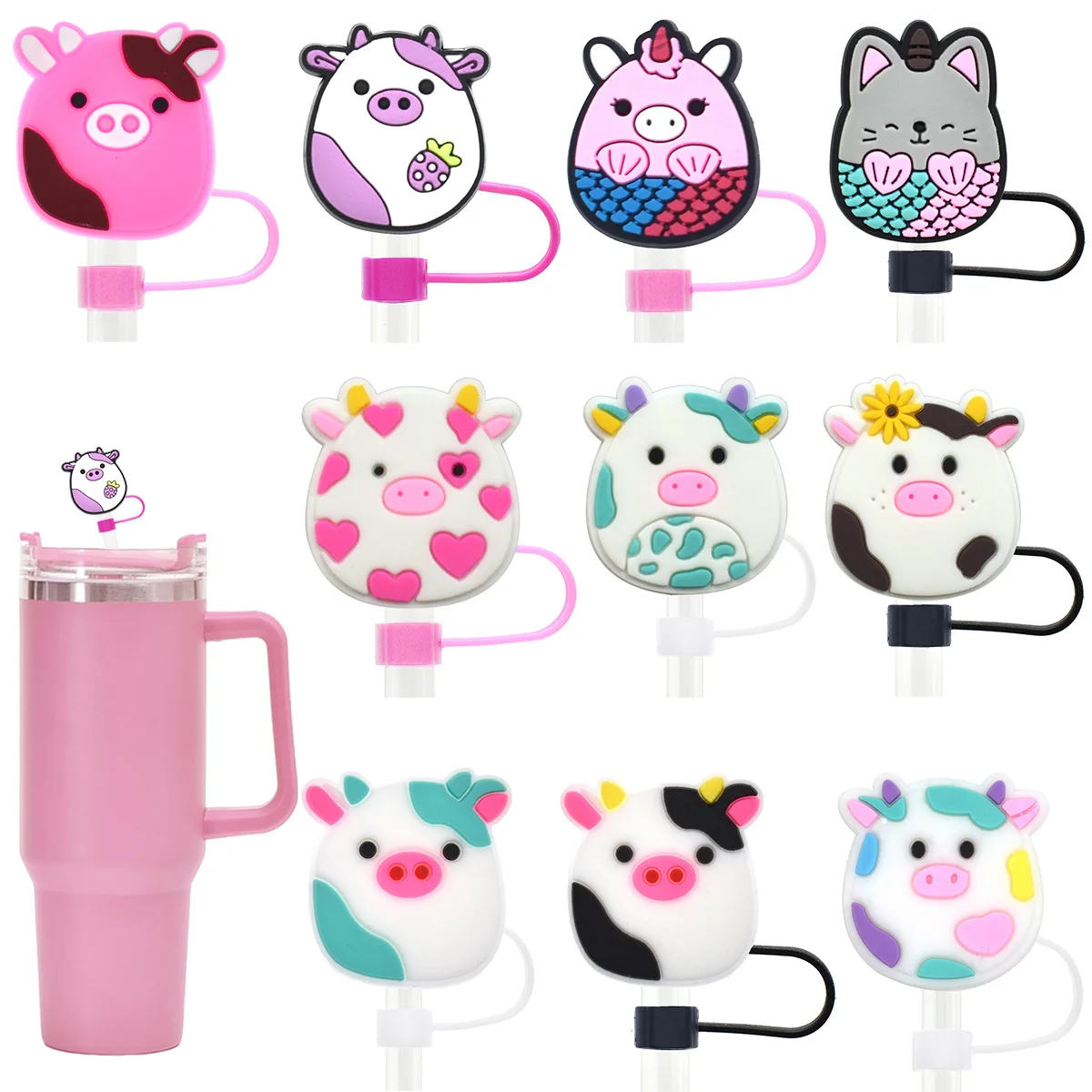 10MM Silicone Straw Covers Cap for Stanley Cup Cute Cartoon Cow Shape Dust-Proof  Drinking Protector Straw Tips Lids