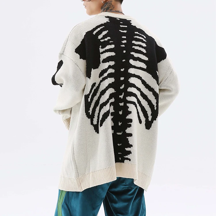 Custom Logo Brushed Mohair Wool Knitting Skull Jacquard Fuzzy Knitted Men Pullover Jackets Fuzzy Mohair Blend Sweater