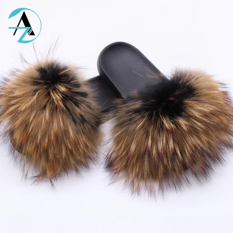 
Wholesale new designer fuzzy fox mink racoon fur slippers fluffy real raccoon furry fur slides for women 