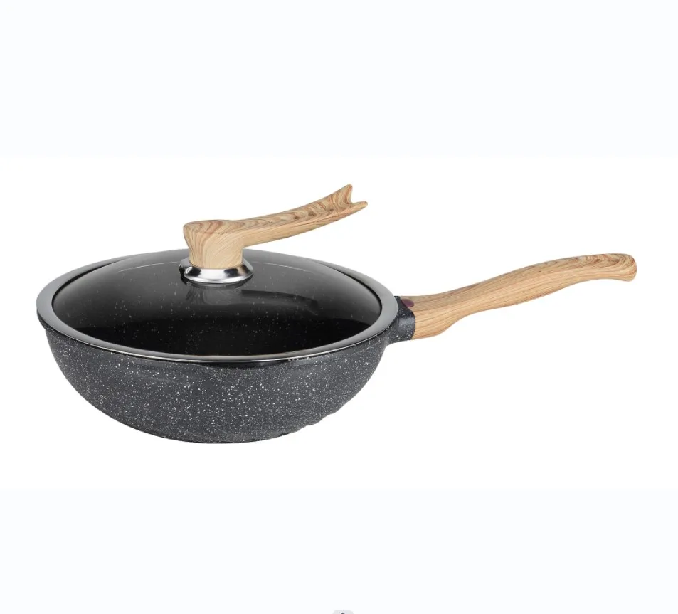 Chinese Hand Hammered Wok Wooden Handle Non stick Coating Round Bottom Wok Pan Cover Metal Stove MGC
