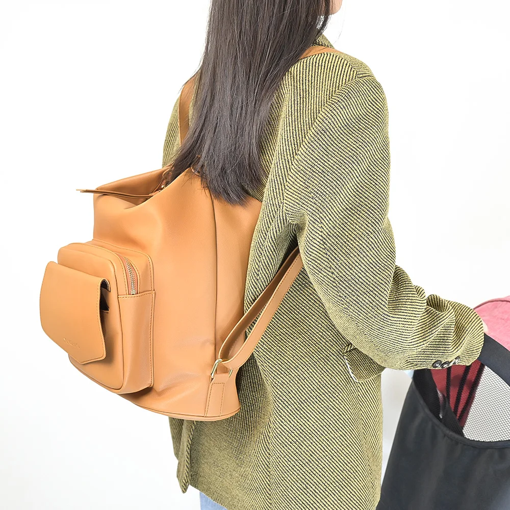 High Quality OEM  Vegan Leather 3 in 1 Lady Handbag Mom Diaper Bag Baby Diaper Backpack For Mom