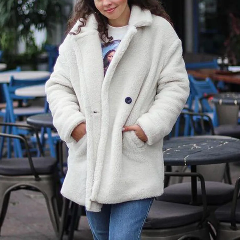 Winter Faux Lamb Fur Coats Women Elegant Side Pockets Mid Length Jackets Women Loose Double Breasted Coats Ladies