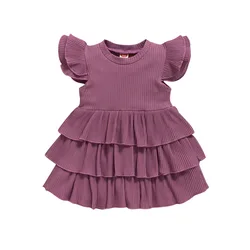 Newest Summer Children Clothes Sweet O-neck Shorts Puff Sleeves Kids Dresses Casual Girls Dresses with Ruffles