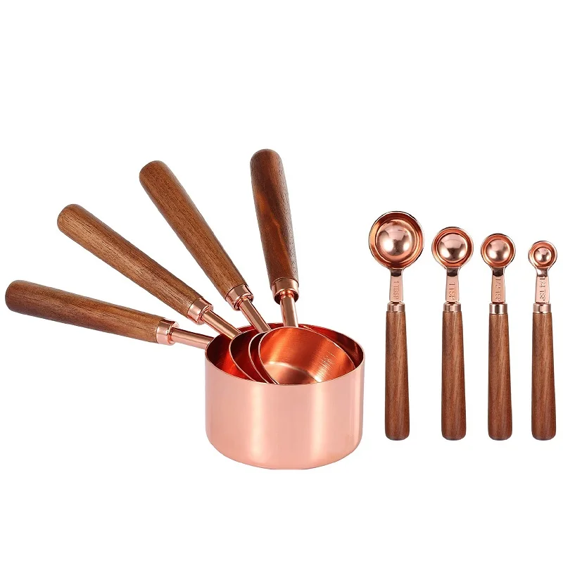 copper stainless steel measuring cups and spoons round wooden handle measuring cups and spoons