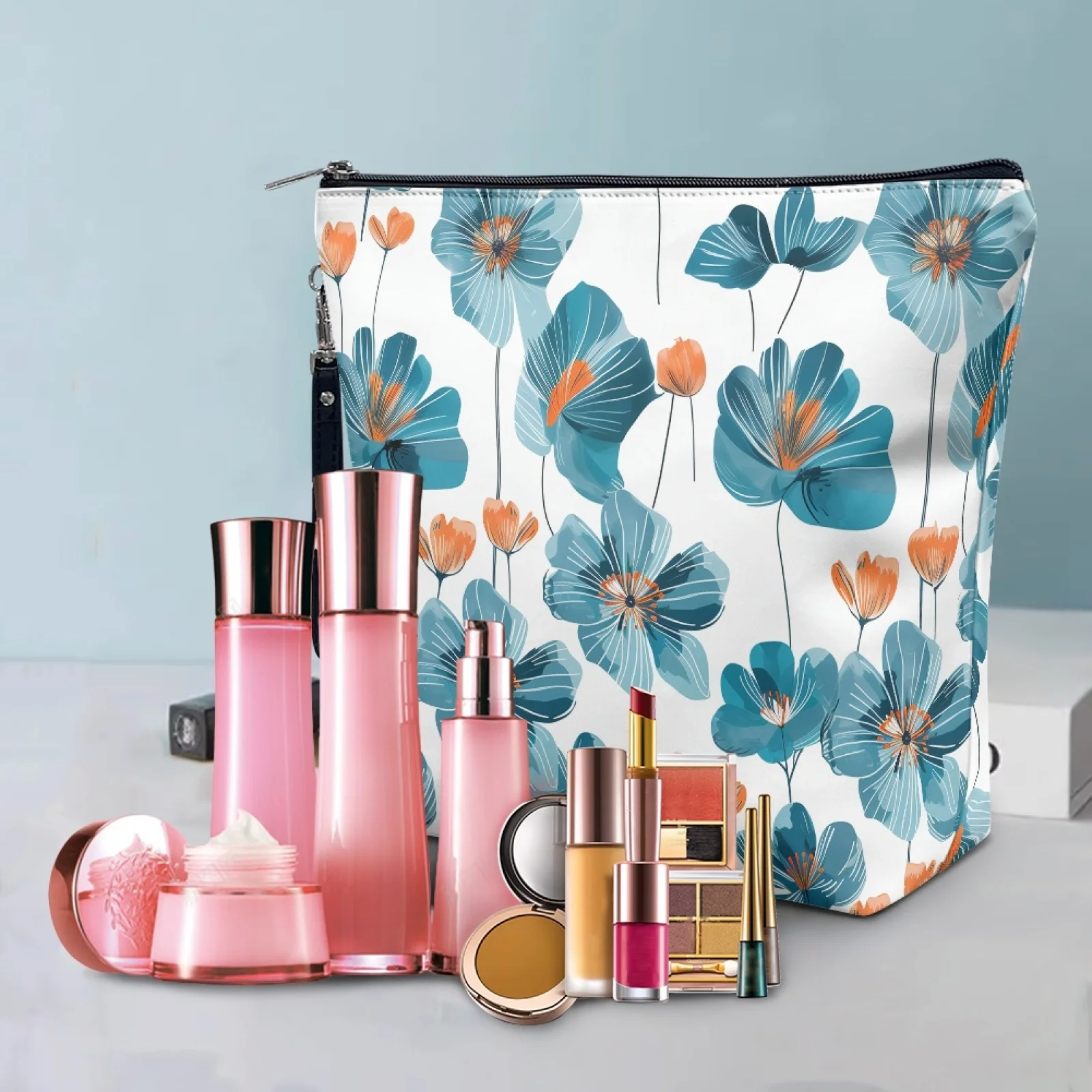 Hot Selling Flower Printed Waterproof Travel Toiletry Bag Large Capacity White Blue Floral Cosmetic Bag Leather Makeup Bag Pouch