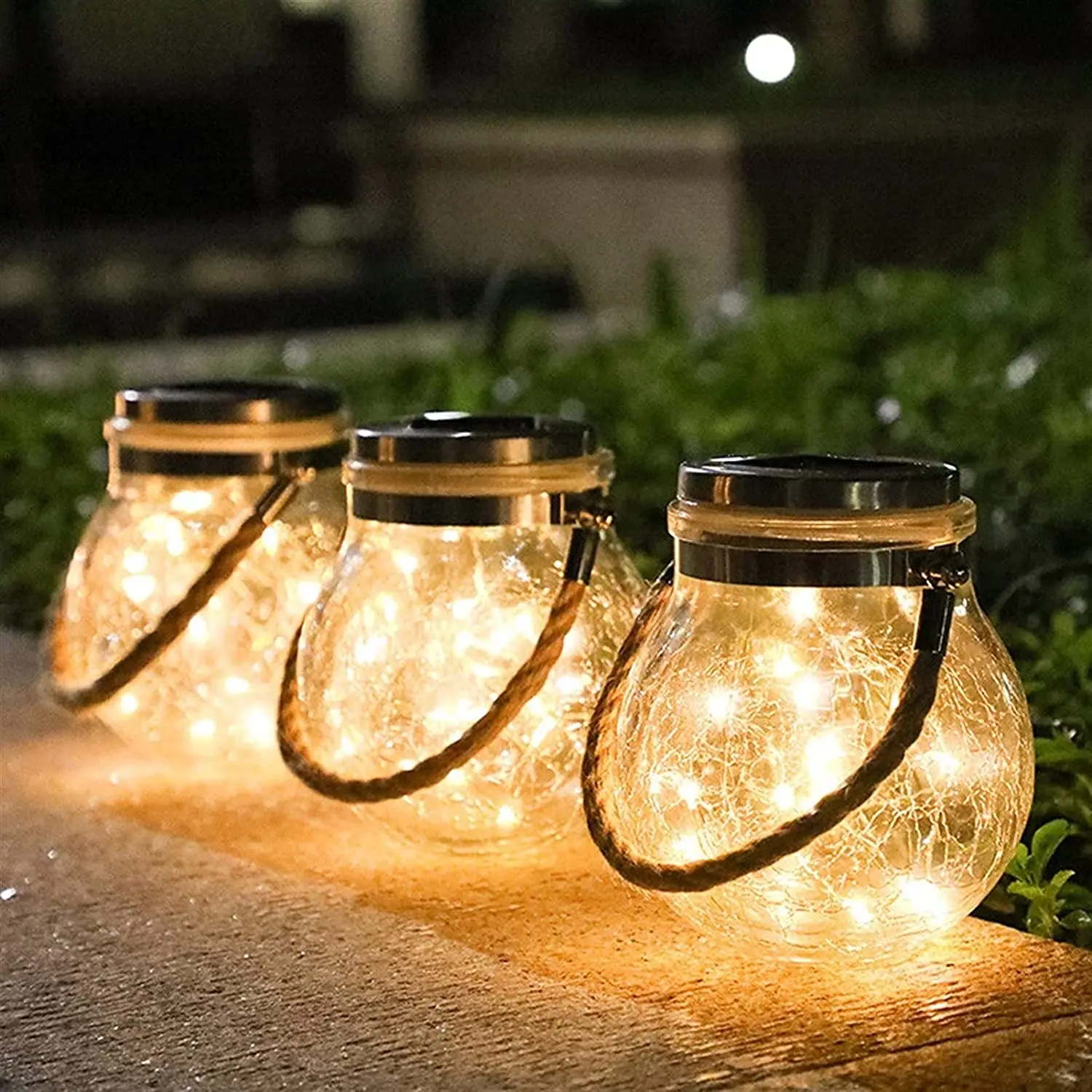 Solar Lantern Outdoor Hanging led Mason Jar Light Crack Glass Bottle Garden Hemp Rope s