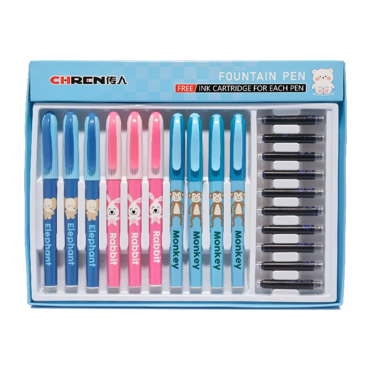 Cheap Hot Sale Promotion 10 pens + 10 cartridges Heat Transfer Plastic Fountain Pen EF Small Nib