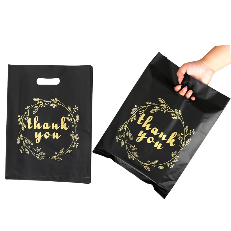 Wholesale Custom Black Plastic Hand Bags Thank You Four Finger Bags Fashionable Clothing Store Shopping Gift Bags Packaging