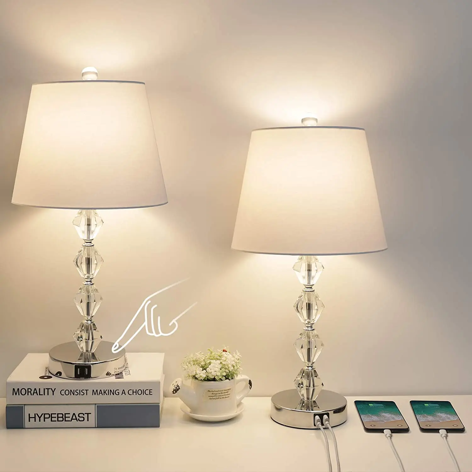 Touch Control Crystal Table Lamp 3 Way Dimmable Bedside Lamp with 2 USB Charging Ports