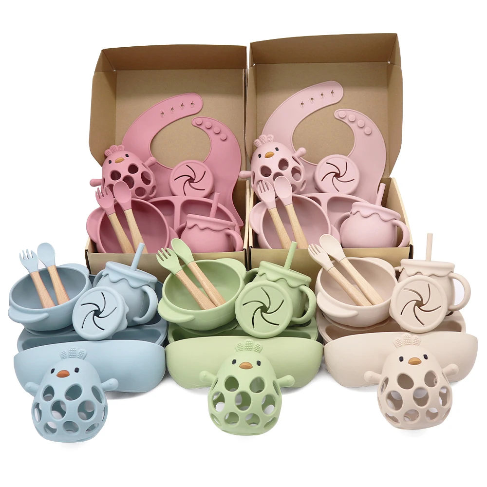 Factory Baby Eating Utensils Children Bowl Fork Spoon Silicone Plate Suction Silicone Baby Feeding Set