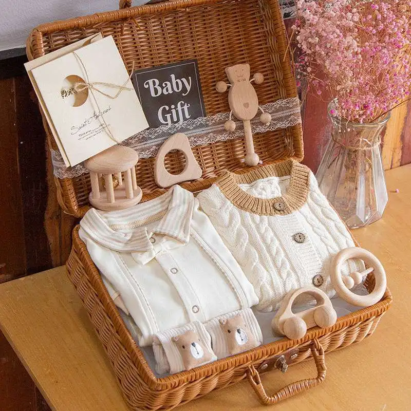 New Luxury rattan box unisex crochet newborn clothes baby gift set jumpsuits & rompers with wooden toys