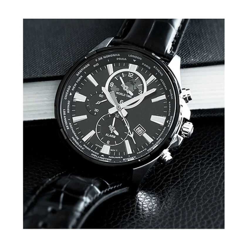 Wholesales stainless steel case calendar alarm two time zone Casio movement man quartz watches