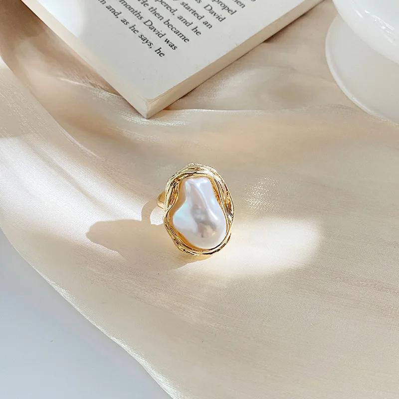 Retro Irregular Pearl Ring Female Exaggerated Index Finger Ring Wholesale Personality Open Baroque Pearl Ring For Women