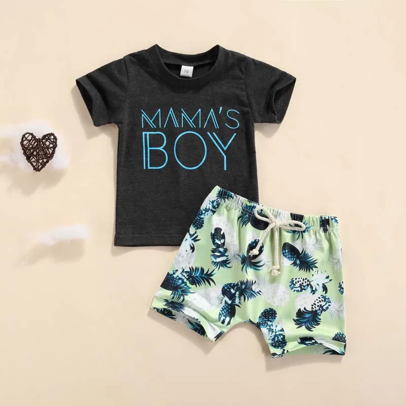 Baby Kids Summer Wear Solid Color Boys Short sleeve T-shirt+Shorts Print Shorts Two-piece Set Custom Mothers Day Clothing