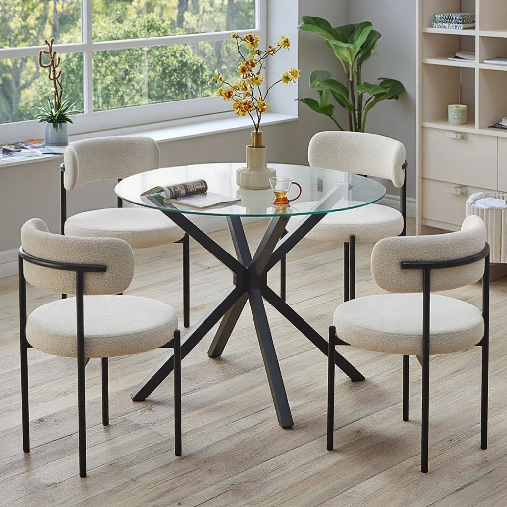Dining Table and Chair Set Luxury Modern Restaurant Home Dining Room Dinning Table Glass Glass Top Round Dining Table Set