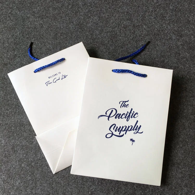 Custom White Craft Paper Bag With Logo Print Wholesale Packing Shipping Paper Bags Ribbon Handle Paper Tag For Clothes Store