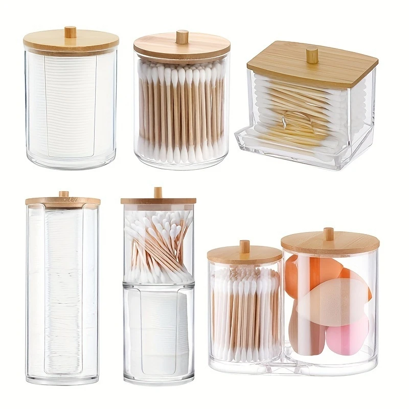 Transparent Bamboo Cover Storage Box Bathroom Jar Makeup Organizer Storage Container Hold Dispenser