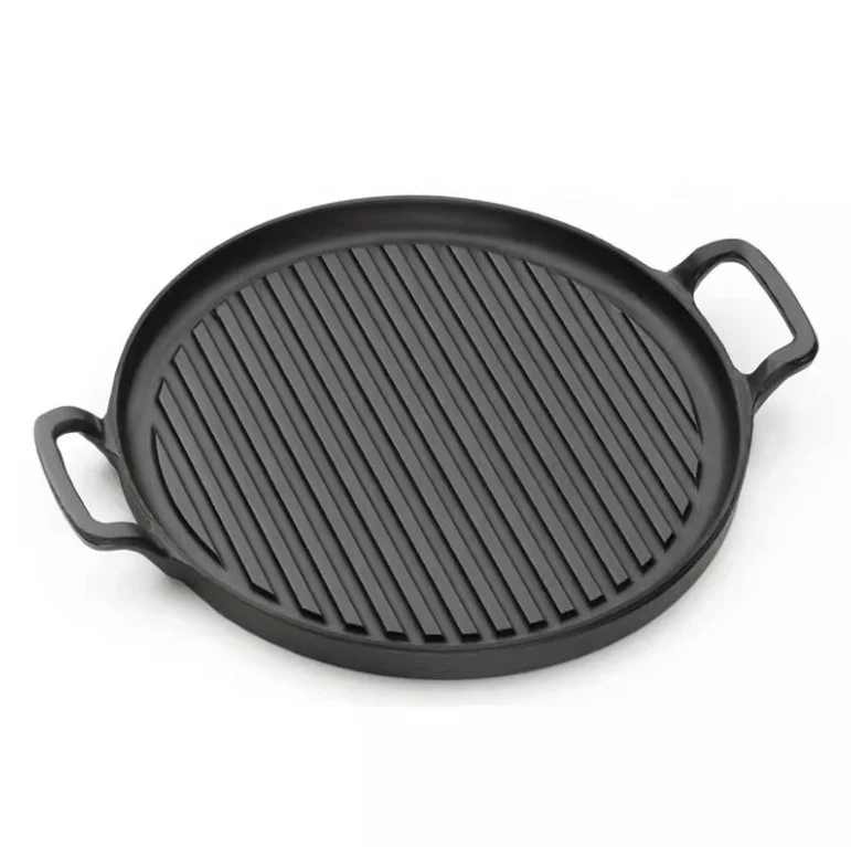 Round Cast Iron Griddle Pan for BBQ Reversible Double-Sided Grill Plate With Handles Perfect for Barbecues, Campfires, Gas