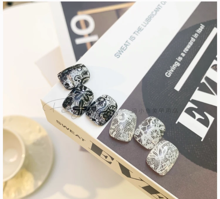 Hot sale nail art lace transfer foil nail lace stickers nail black and white lace foil 4*100cm