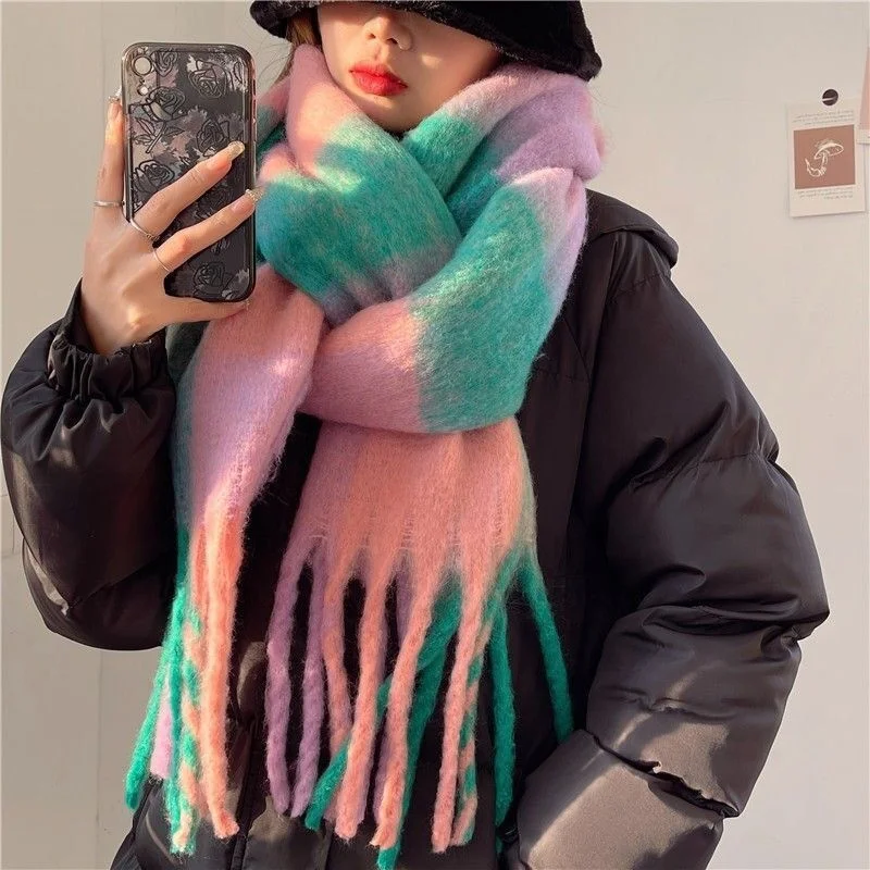 Autumn Winter Women Colorful Fluffy Scarf Large Thicken Mohair Plaid Cashmere Scarf