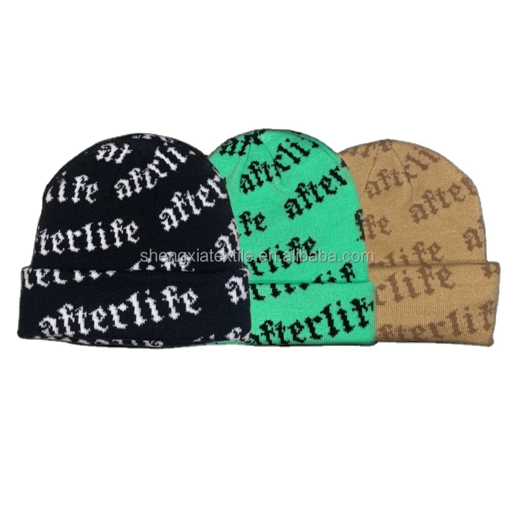 custom logo all over print jacquard ski beanie